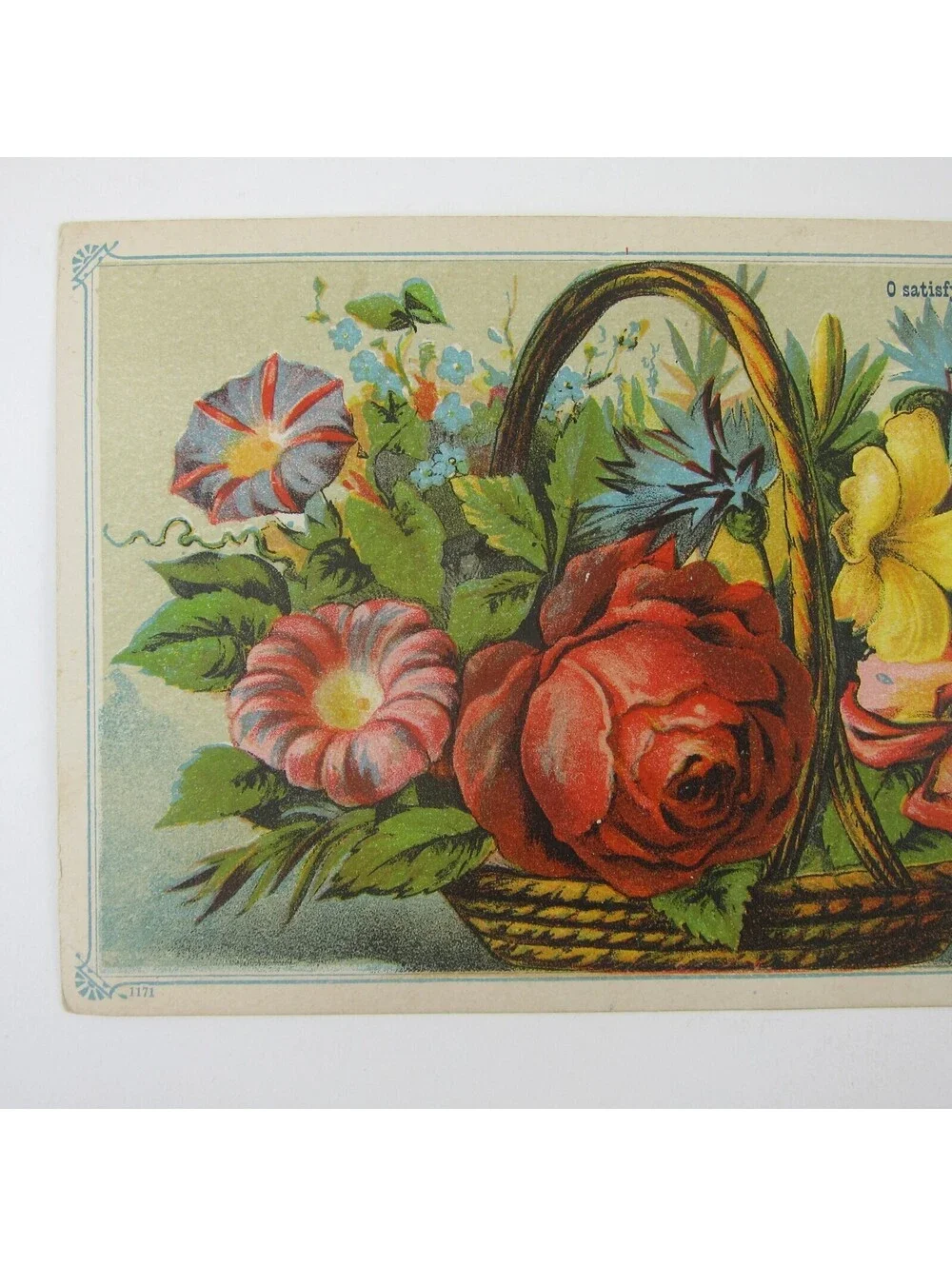 Victorian Greeting Card Basket Flowers Red Rose Pink Yellow Blue Floral Antique